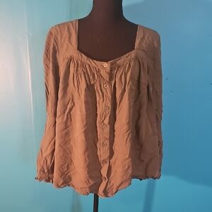 Time and Tru Light Brown Button-Up Blouse